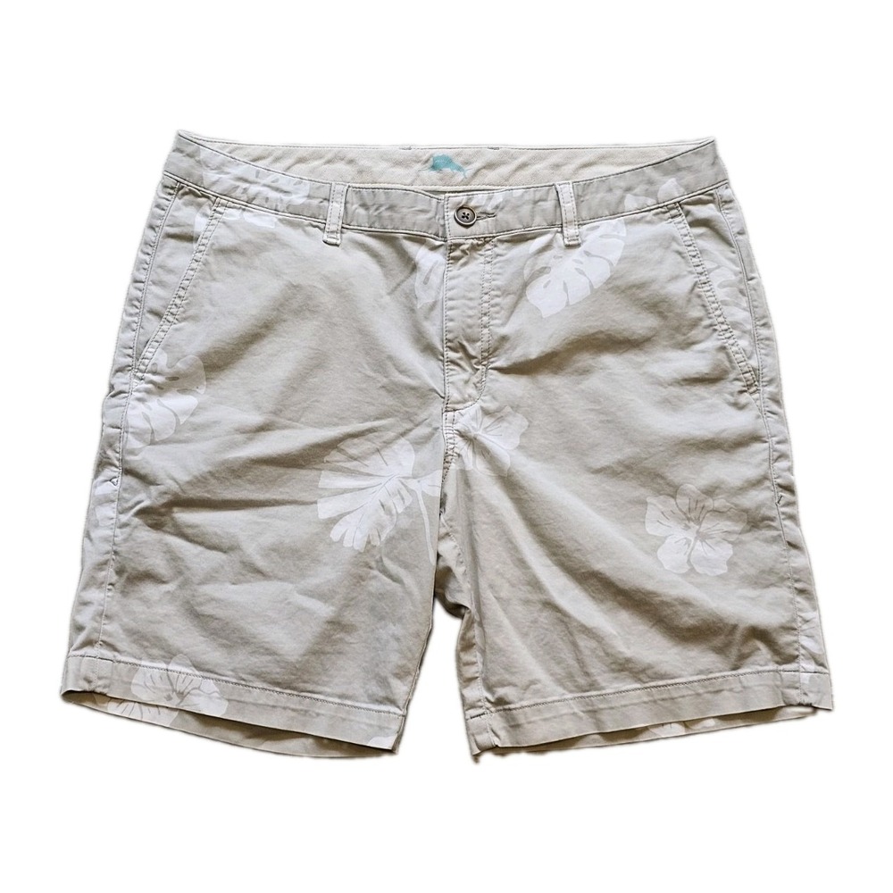 Tommy Bahama Mens Boracay Shorts 34 8" Chino Flat Front Khaki Tropical Hibiscus